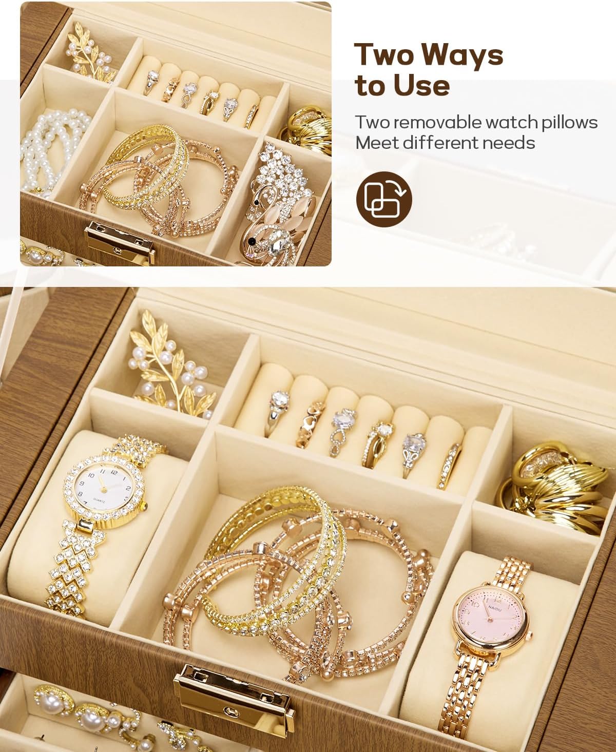 Synthetic Leather Huge Jewelry Box Mirrored Watch Organizer Necklace Ring Earring Storage Lockable Gift Case (White + Gold)