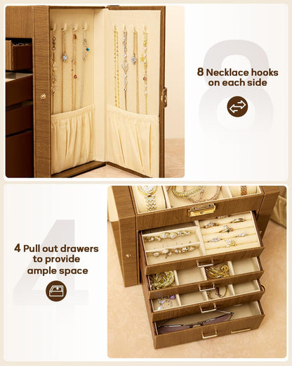 Synthetic Leather Huge Jewelry Box Mirrored Watch Organizer Necklace Ring Earring Storage Lockable Gift Case (White + Gold)