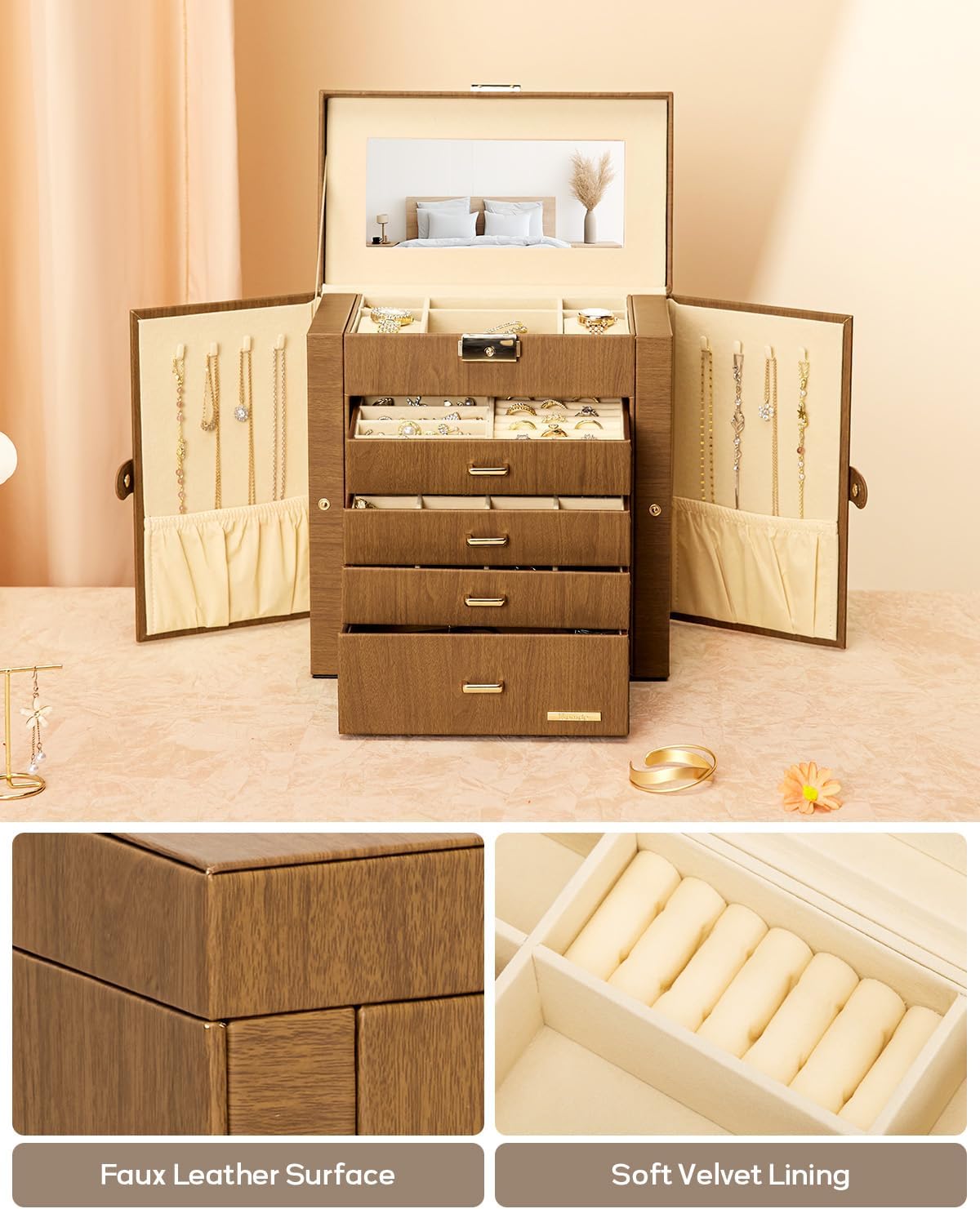 Synthetic Leather Huge Jewelry Box Mirrored Watch Organizer Necklace Ring Earring Storage Lockable Gift Case (White + Gold)
