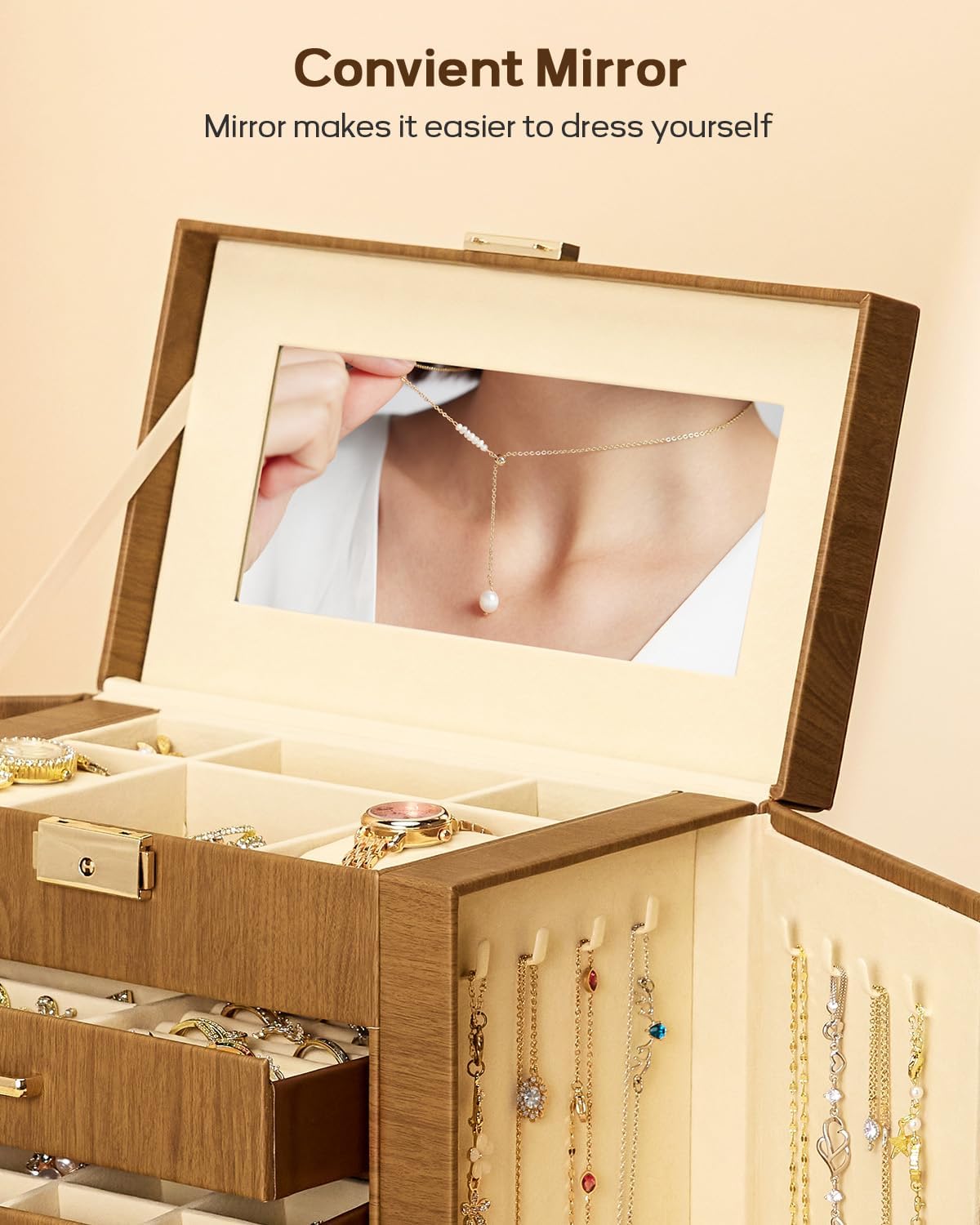 Synthetic Leather Huge Jewelry Box Mirrored Watch Organizer Necklace Ring Earring Storage Lockable Gift Case (White + Gold)
