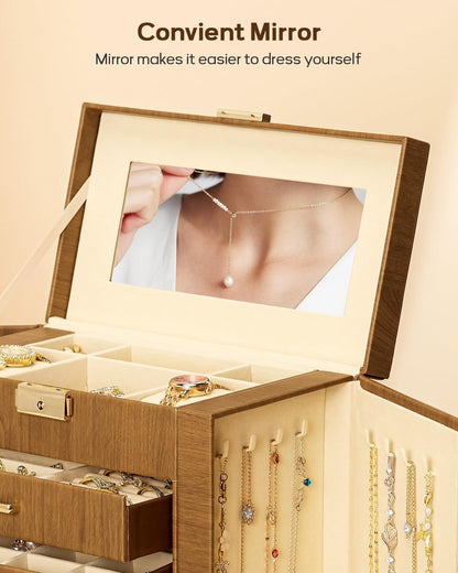 Synthetic Leather Huge Jewelry Box Mirrored Watch Organizer Necklace Ring Earring Storage Lockable Gift Case (White + Gold)