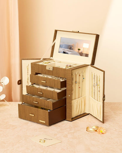 Synthetic Leather Huge Jewelry Box Mirrored Watch Organizer Necklace Ring Earring Storage Lockable Gift Case (White + Gold)