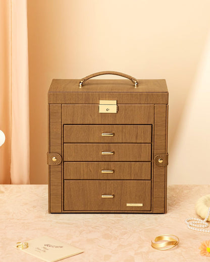 Synthetic Leather Huge Jewelry Box Mirrored Watch Organizer Necklace Ring Earring Storage Lockable Gift Case (White + Gold)