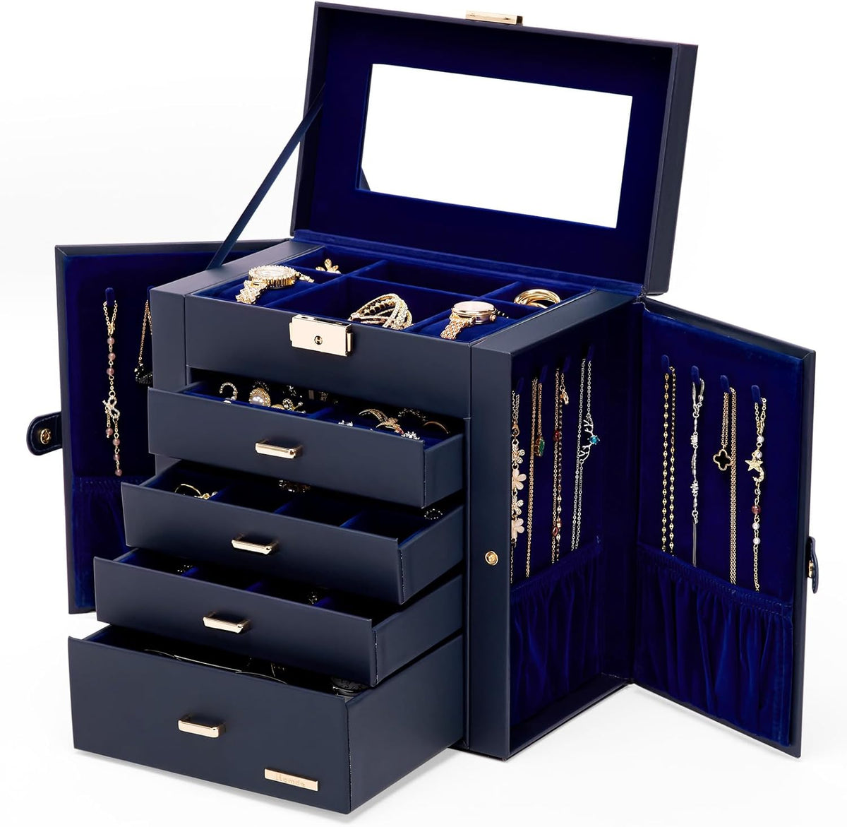 Synthetic Leather Huge Jewelry Box Mirrored Watch Organizer Necklace Ring Earring Storage Lockable Gift Case (White + Gold)