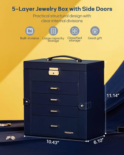 Synthetic Leather Huge Jewelry Box Mirrored Watch Organizer Necklace Ring Earring Storage Lockable Gift Case (White + Gold)