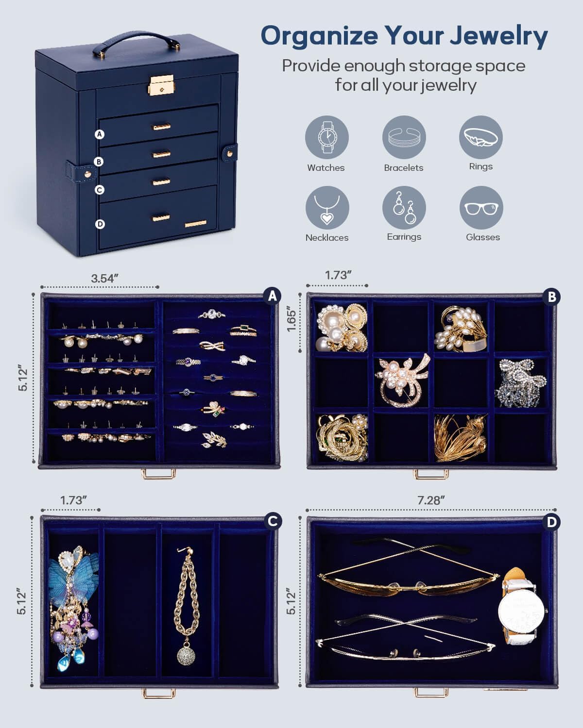 Synthetic Leather Huge Jewelry Box Mirrored Watch Organizer Necklace Ring Earring Storage Lockable Gift Case (White + Gold)