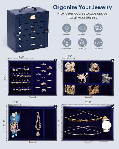 Synthetic Leather Huge Jewelry Box Mirrored Watch Organizer Necklace Ring Earring Storage Lockable Gift Case (White + Gold)