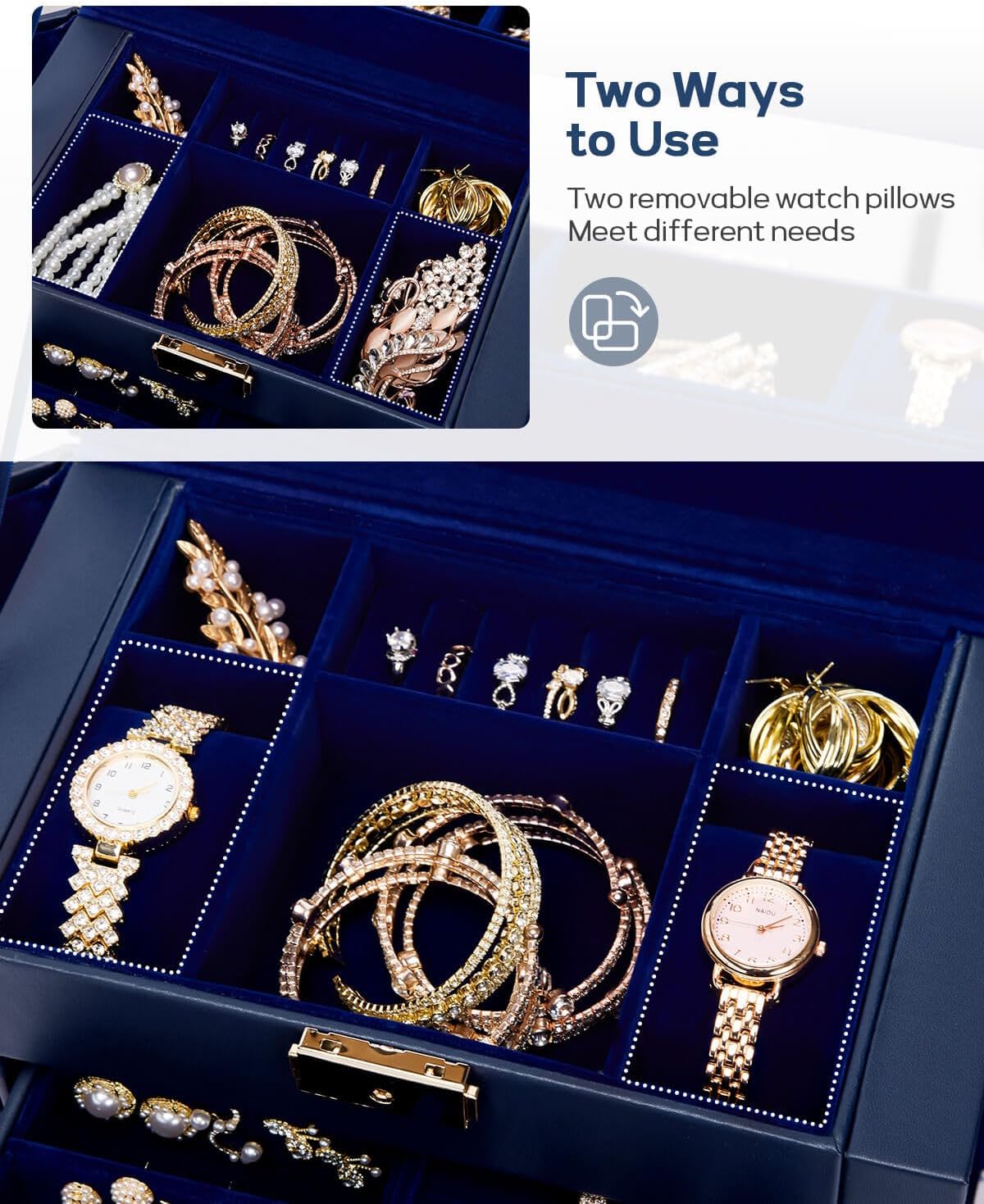 Synthetic Leather Huge Jewelry Box Mirrored Watch Organizer Necklace Ring Earring Storage Lockable Gift Case (White + Gold)