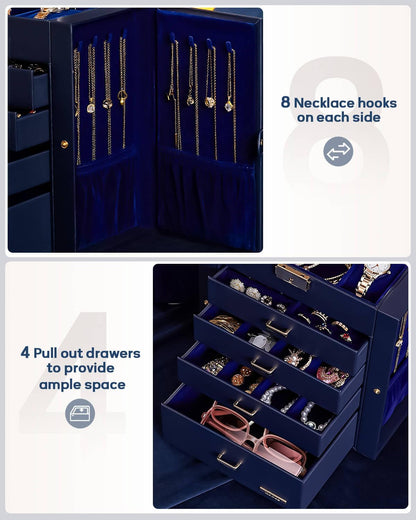 Synthetic Leather Huge Jewelry Box Mirrored Watch Organizer Necklace Ring Earring Storage Lockable Gift Case (White + Gold)