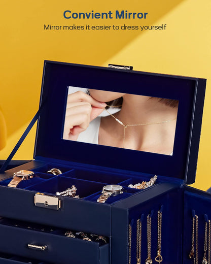 Synthetic Leather Huge Jewelry Box Mirrored Watch Organizer Necklace Ring Earring Storage Lockable Gift Case (White + Gold)