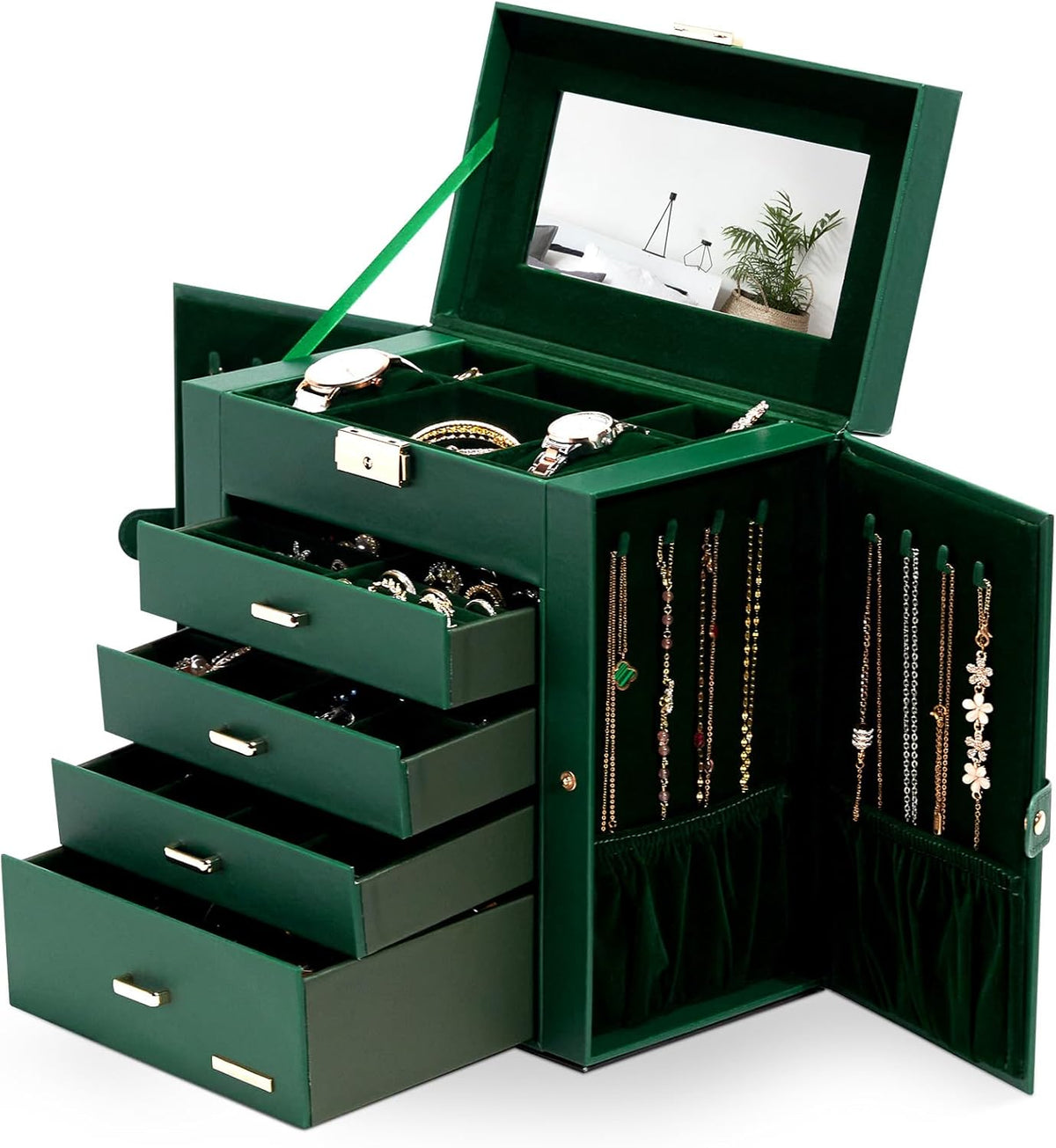 Synthetic Leather Huge Jewelry Box Mirrored Watch Organizer Necklace Ring Earring Storage Lockable Gift Case (White + Gold)
