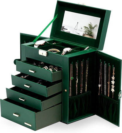Synthetic Leather Huge Jewelry Box Mirrored Watch Organizer Necklace Ring Earring Storage Lockable Gift Case (White + Gold)