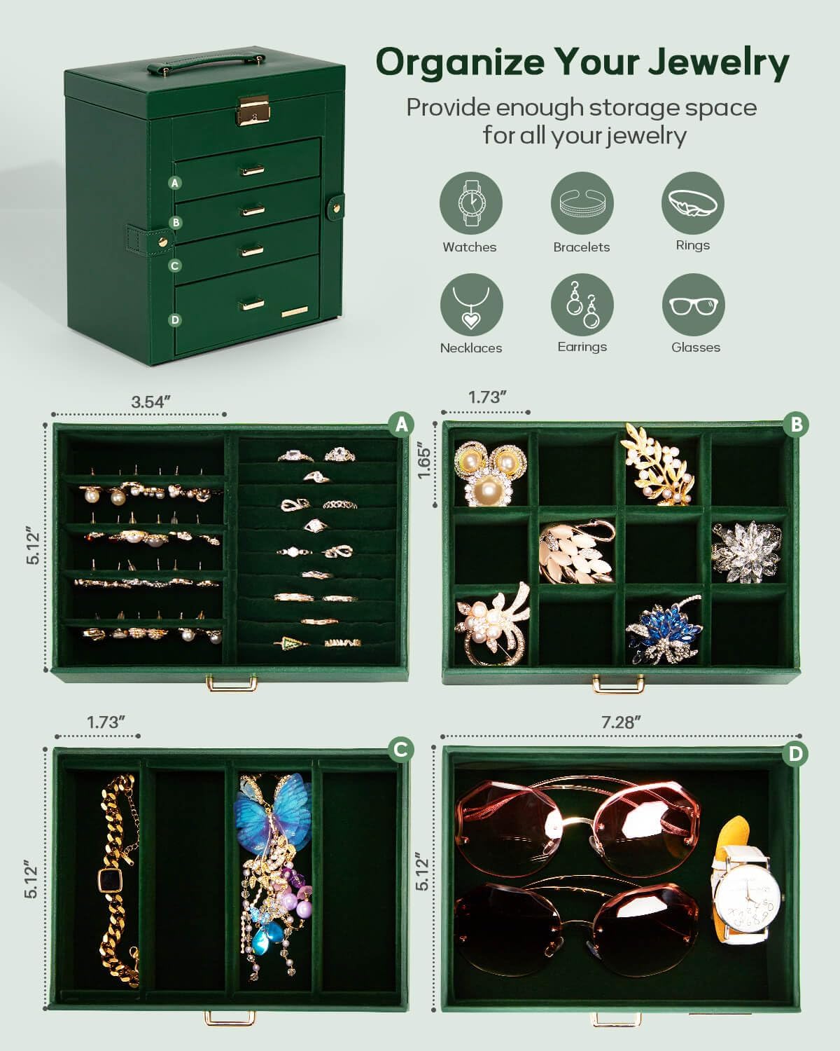 Synthetic Leather Huge Jewelry Box Mirrored Watch Organizer Necklace Ring Earring Storage Lockable Gift Case (White + Gold)