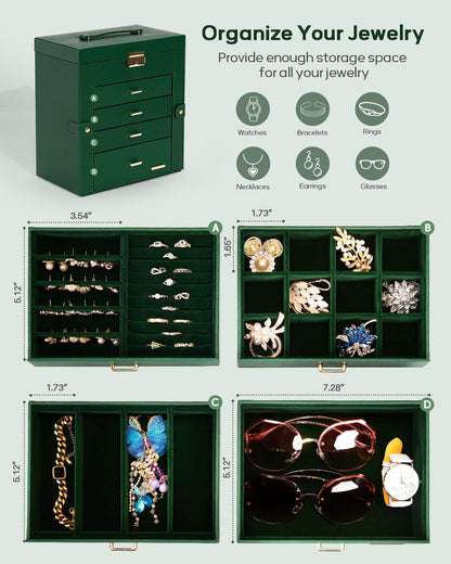 Synthetic Leather Huge Jewelry Box Mirrored Watch Organizer Necklace Ring Earring Storage Lockable Gift Case (White + Gold)