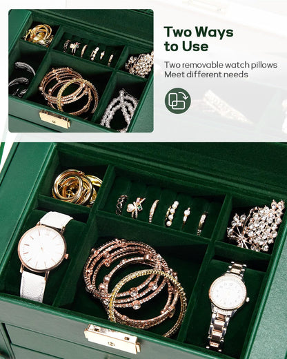 Synthetic Leather Huge Jewelry Box Mirrored Watch Organizer Necklace Ring Earring Storage Lockable Gift Case (White + Gold)