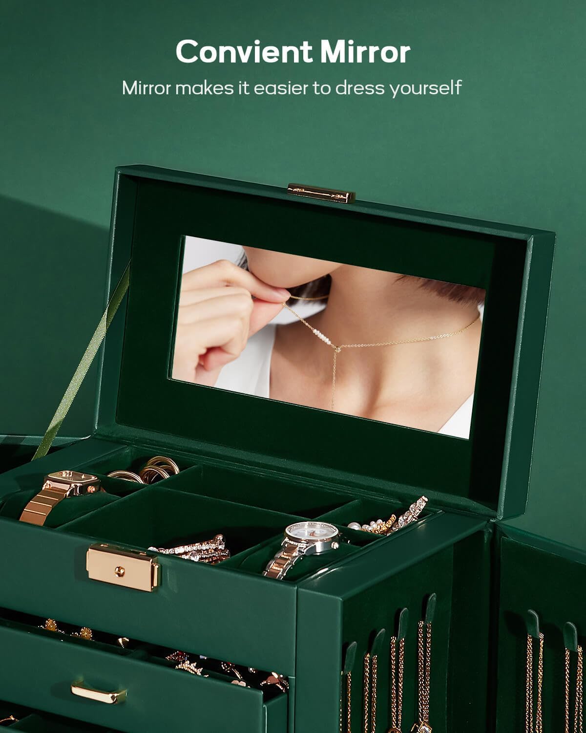 Synthetic Leather Huge Jewelry Box Mirrored Watch Organizer Necklace Ring Earring Storage Lockable Gift Case (White + Gold)