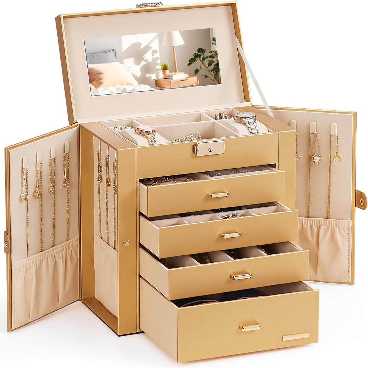 Synthetic Leather Huge Jewelry Box Mirrored Watch Organizer Necklace Ring Earring Storage Lockable Gift Case (White + Gold)