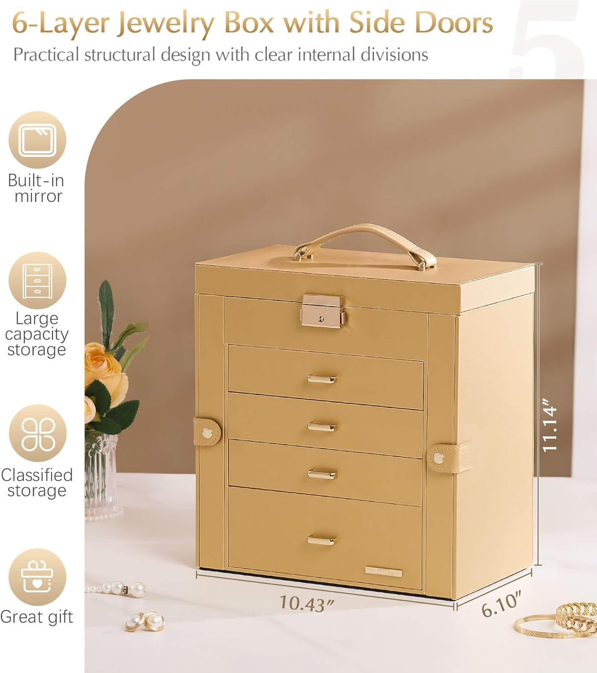 Synthetic Leather Huge Jewelry Box Mirrored Watch Organizer Necklace Ring Earring Storage Lockable Gift Case (White + Gold)