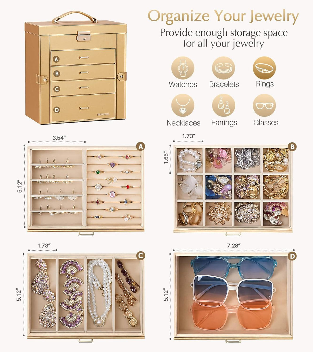 Synthetic Leather Huge Jewelry Box Mirrored Watch Organizer Necklace Ring Earring Storage Lockable Gift Case (White + Gold)
