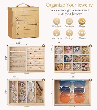 Synthetic Leather Huge Jewelry Box Mirrored Watch Organizer Necklace Ring Earring Storage Lockable Gift Case (White + Gold)