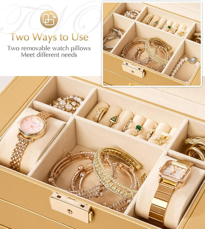 Synthetic Leather Huge Jewelry Box Mirrored Watch Organizer Necklace Ring Earring Storage Lockable Gift Case (White + Gold)