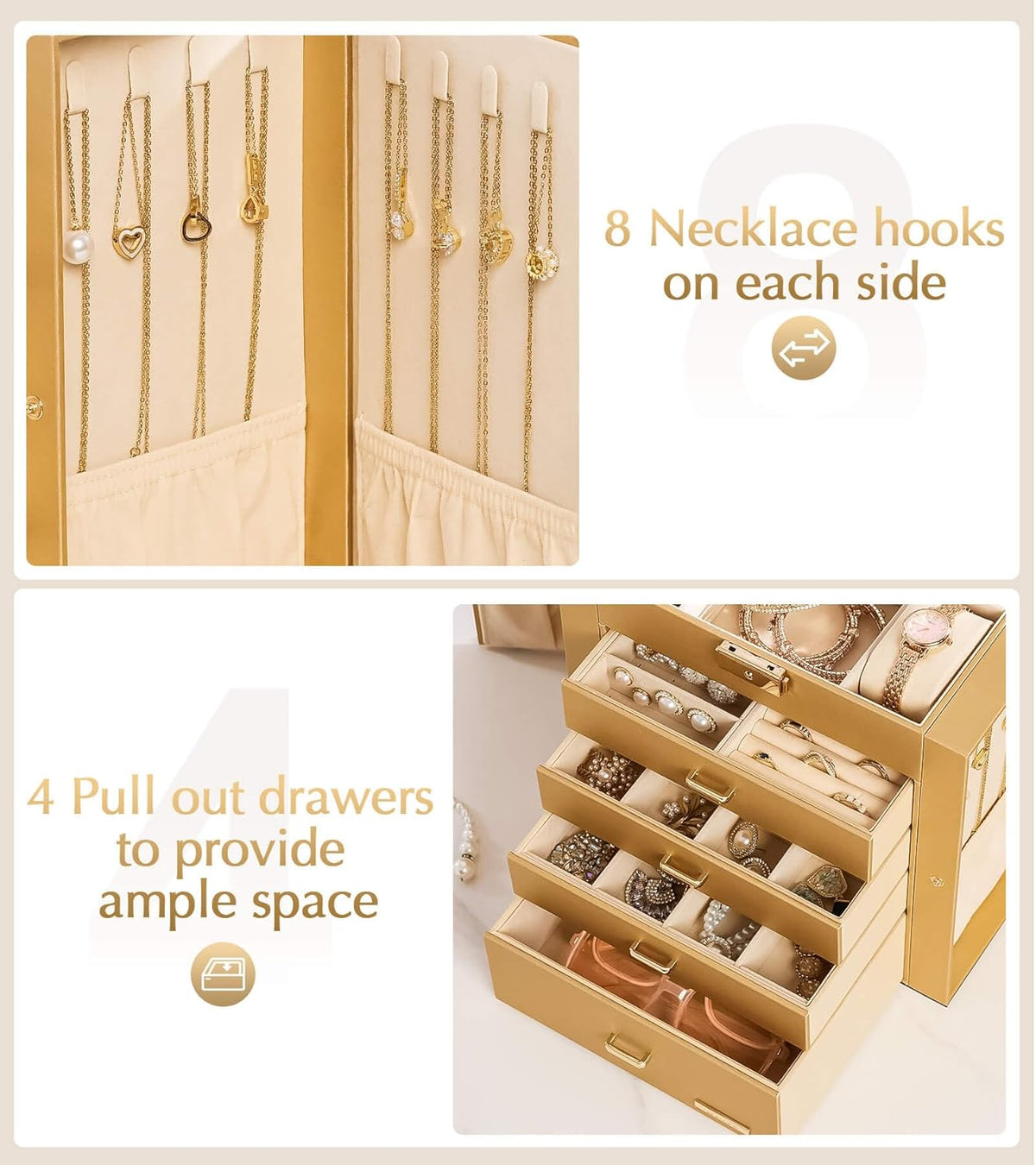 Synthetic Leather Huge Jewelry Box Mirrored Watch Organizer Necklace Ring Earring Storage Lockable Gift Case (White + Gold)