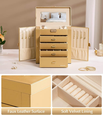 Synthetic Leather Huge Jewelry Box Mirrored Watch Organizer Necklace Ring Earring Storage Lockable Gift Case (White + Gold)
