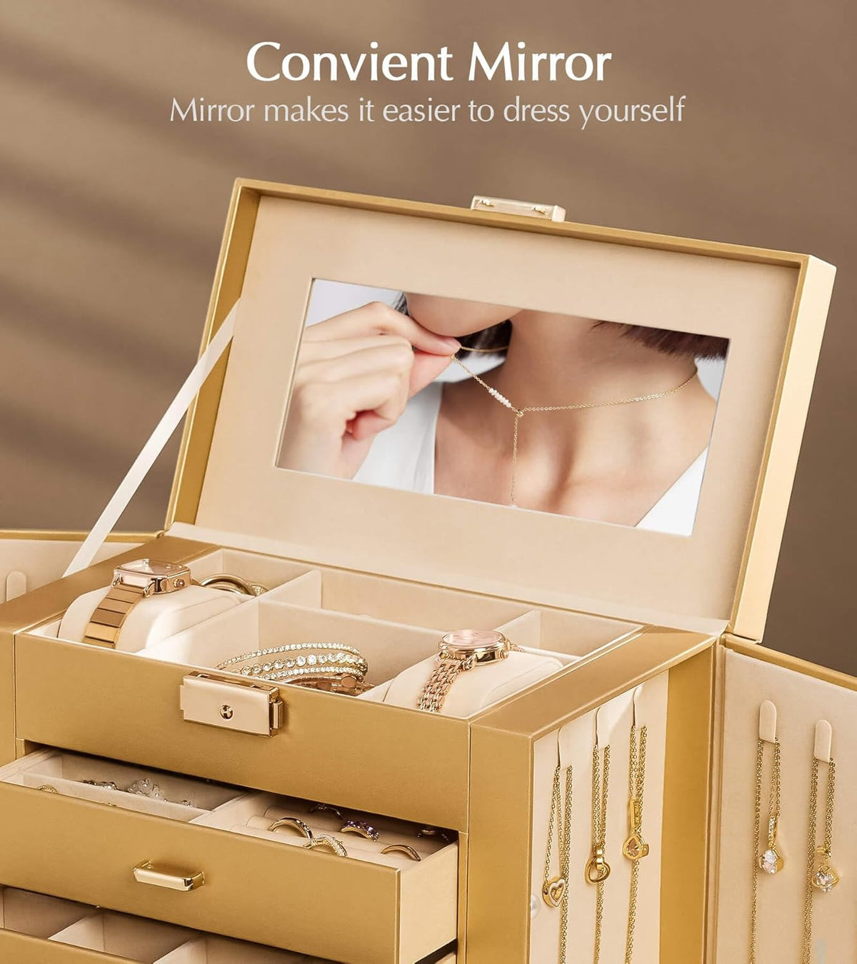 Synthetic Leather Huge Jewelry Box Mirrored Watch Organizer Necklace Ring Earring Storage Lockable Gift Case (White + Gold)