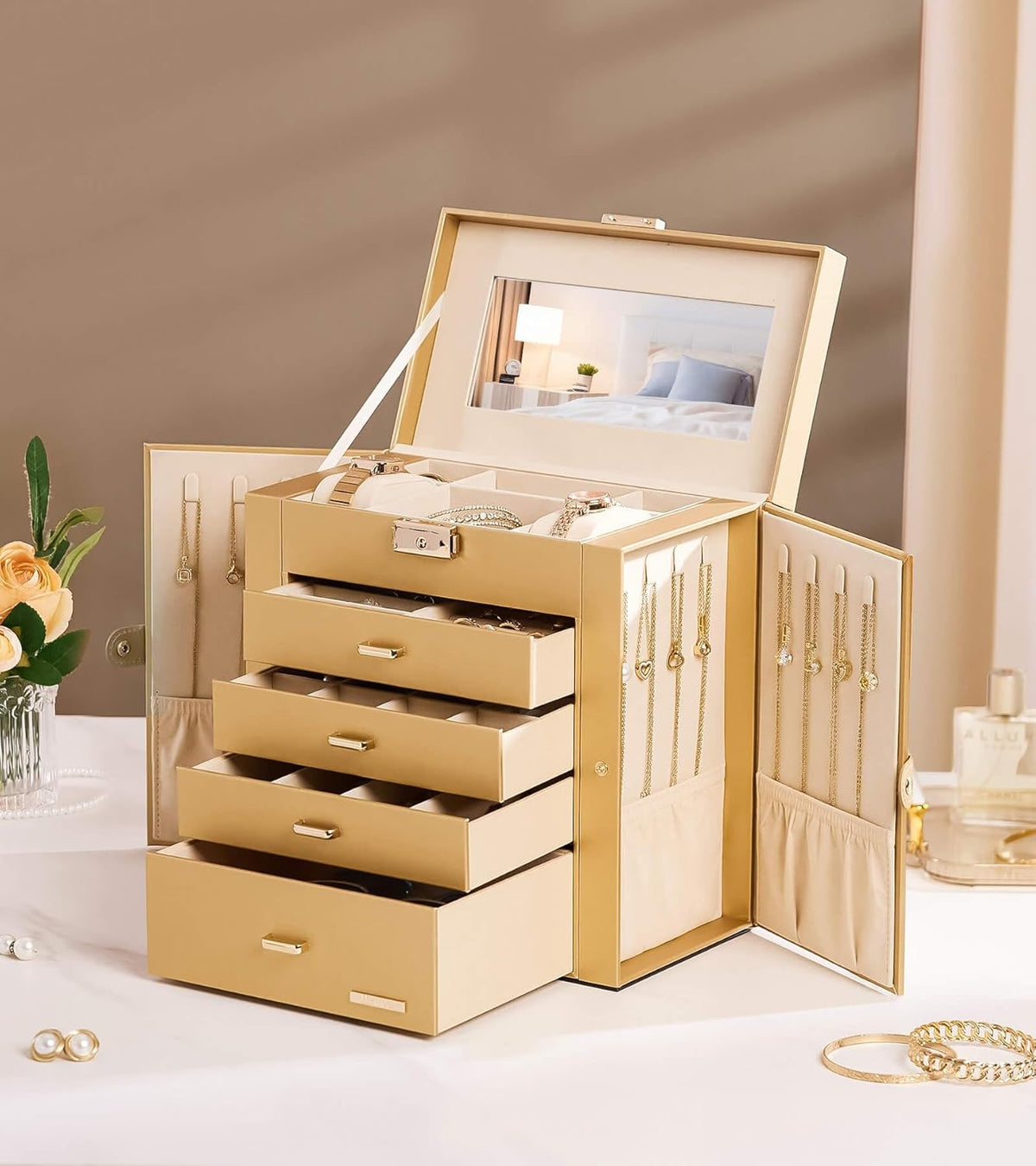 Synthetic Leather Huge Jewelry Box Mirrored Watch Organizer Necklace Ring Earring Storage Lockable Gift Case (White + Gold)