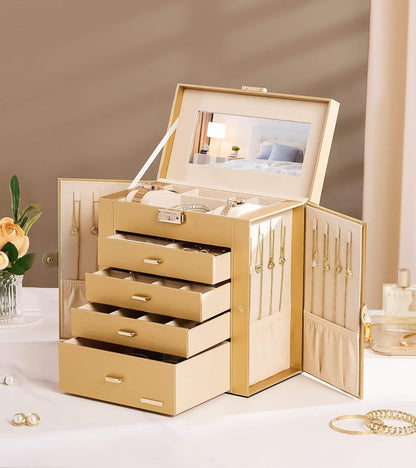 Synthetic Leather Huge Jewelry Box Mirrored Watch Organizer Necklace Ring Earring Storage Lockable Gift Case (White + Gold)