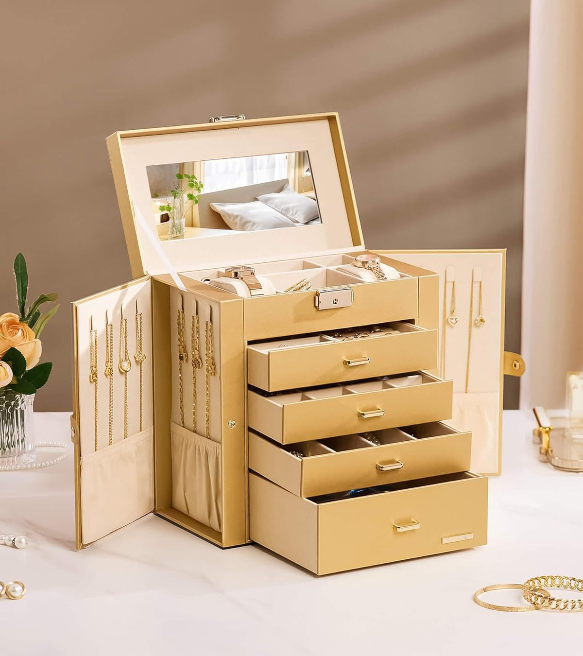 Synthetic Leather Huge Jewelry Box Mirrored Watch Organizer Necklace Ring Earring Storage Lockable Gift Case (White + Gold)
