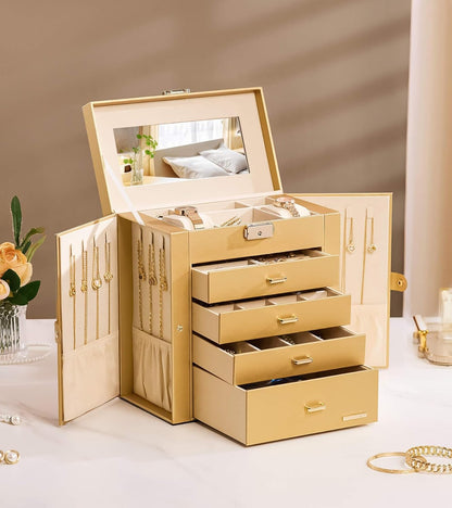 Synthetic Leather Huge Jewelry Box Mirrored Watch Organizer Necklace Ring Earring Storage Lockable Gift Case (White + Gold)