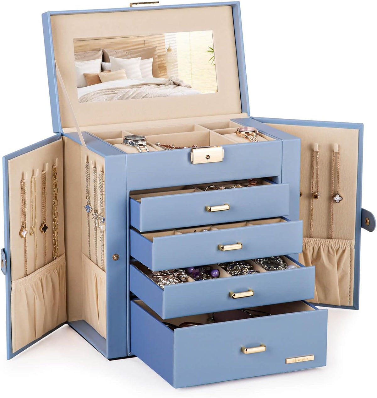 Synthetic Leather Huge Jewelry Box Mirrored Watch Organizer Necklace Ring Earring Storage Lockable Gift Case (White + Gold)