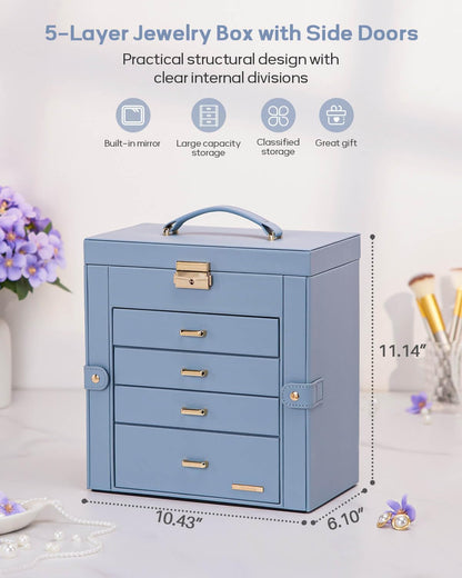 Synthetic Leather Huge Jewelry Box Mirrored Watch Organizer Necklace Ring Earring Storage Lockable Gift Case (White + Gold)