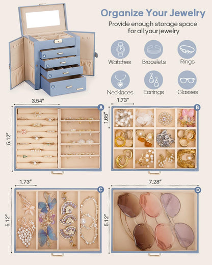 Synthetic Leather Huge Jewelry Box Mirrored Watch Organizer Necklace Ring Earring Storage Lockable Gift Case (White + Gold)