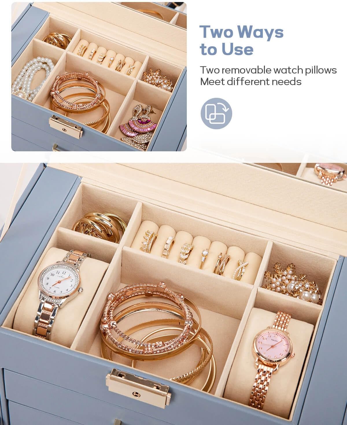 Synthetic Leather Huge Jewelry Box Mirrored Watch Organizer Necklace Ring Earring Storage Lockable Gift Case (White + Gold)