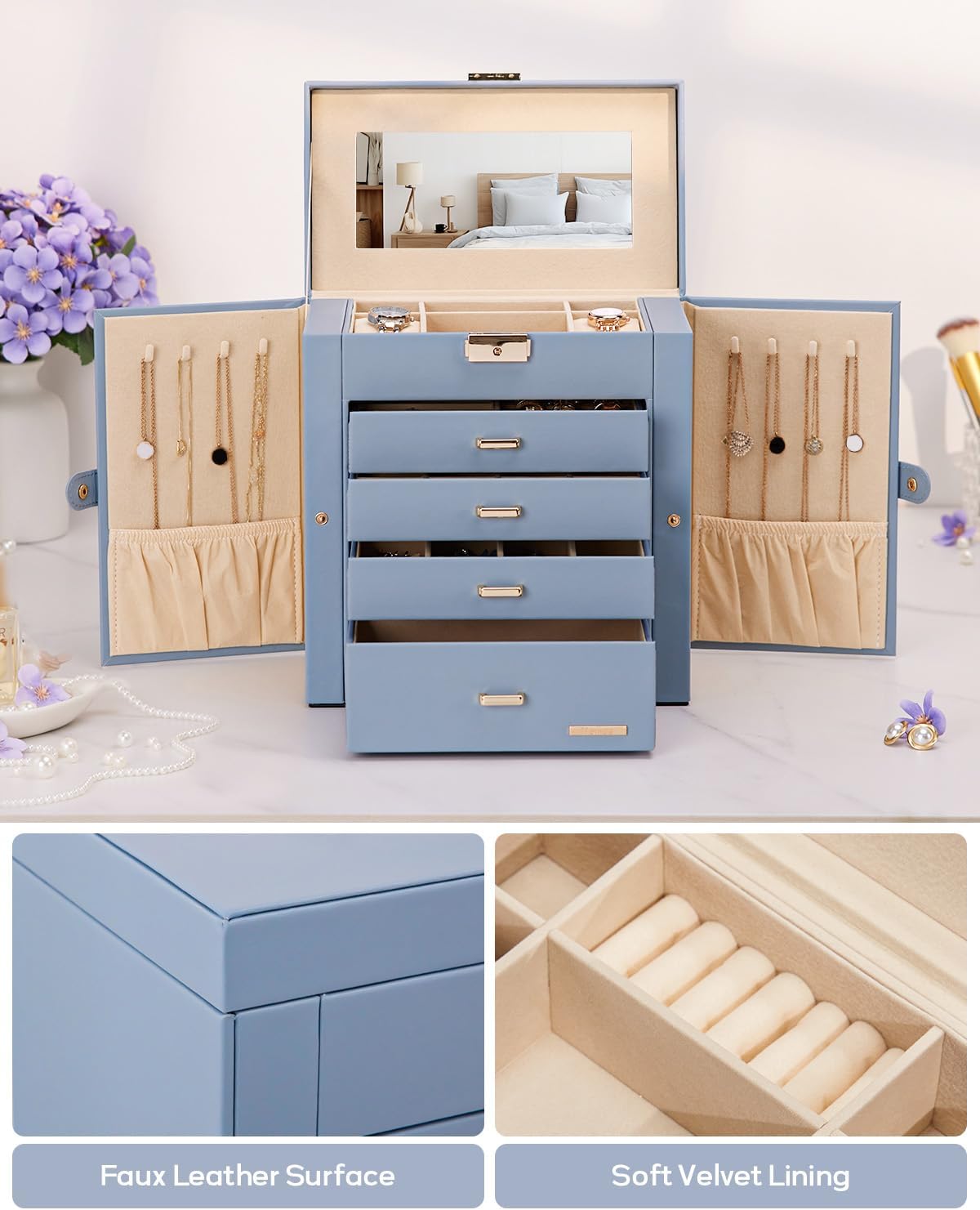 Synthetic Leather Huge Jewelry Box Mirrored Watch Organizer Necklace Ring Earring Storage Lockable Gift Case (White + Gold)