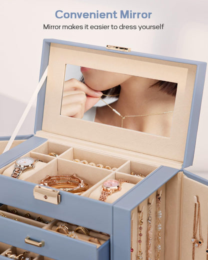 Synthetic Leather Huge Jewelry Box Mirrored Watch Organizer Necklace Ring Earring Storage Lockable Gift Case (White + Gold)