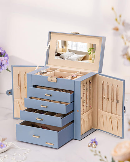 Synthetic Leather Huge Jewelry Box Mirrored Watch Organizer Necklace Ring Earring Storage Lockable Gift Case (White + Gold)