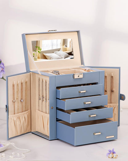 Synthetic Leather Huge Jewelry Box Mirrored Watch Organizer Necklace Ring Earring Storage Lockable Gift Case (White + Gold)