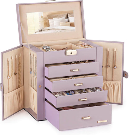 Synthetic Leather Huge Jewelry Box Mirrored Watch Organizer Necklace Ring Earring Storage Lockable Gift Case (White + Gold)