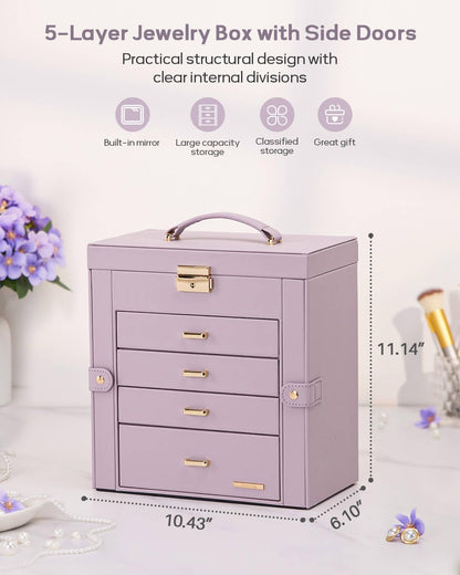 Synthetic Leather Huge Jewelry Box Mirrored Watch Organizer Necklace Ring Earring Storage Lockable Gift Case (White + Gold)