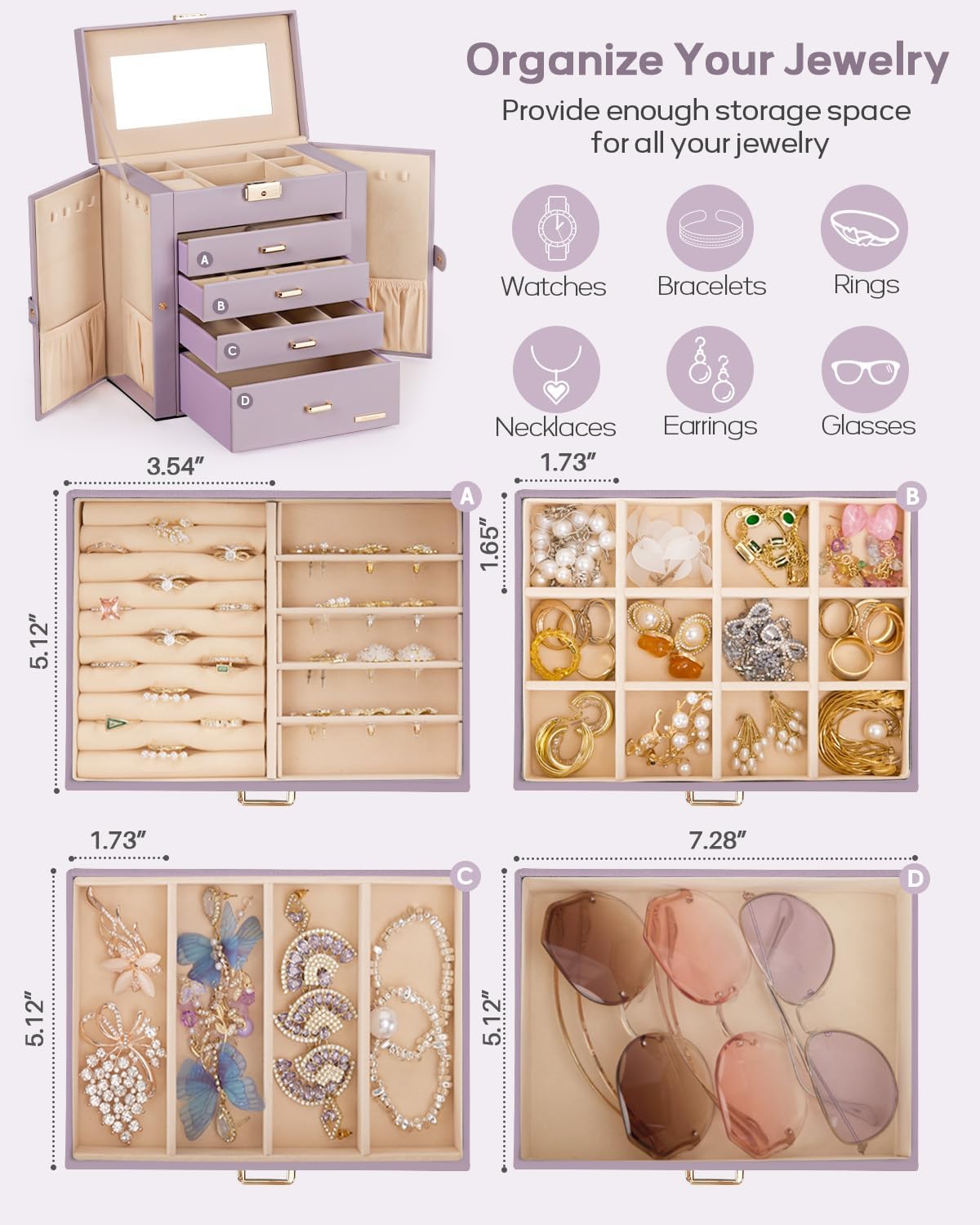 Synthetic Leather Huge Jewelry Box Mirrored Watch Organizer Necklace Ring Earring Storage Lockable Gift Case (White + Gold)