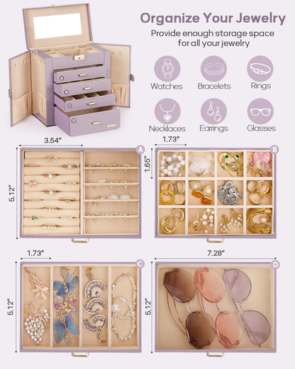 Synthetic Leather Huge Jewelry Box Mirrored Watch Organizer Necklace Ring Earring Storage Lockable Gift Case (White + Gold)