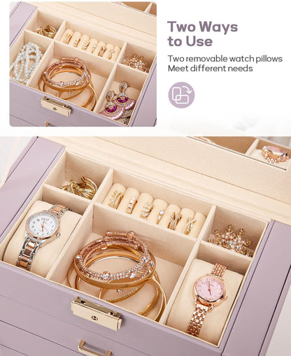 Synthetic Leather Huge Jewelry Box Mirrored Watch Organizer Necklace Ring Earring Storage Lockable Gift Case (White + Gold)