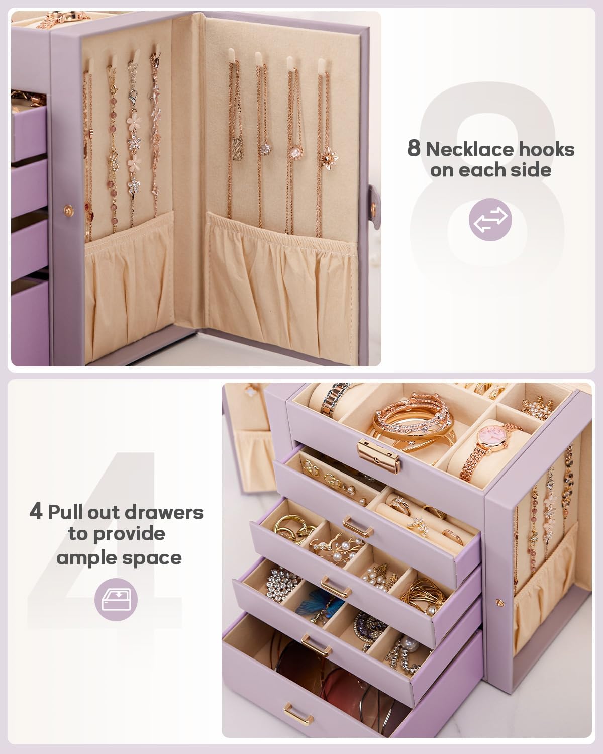 Synthetic Leather Huge Jewelry Box Mirrored Watch Organizer Necklace Ring Earring Storage Lockable Gift Case (White + Gold)