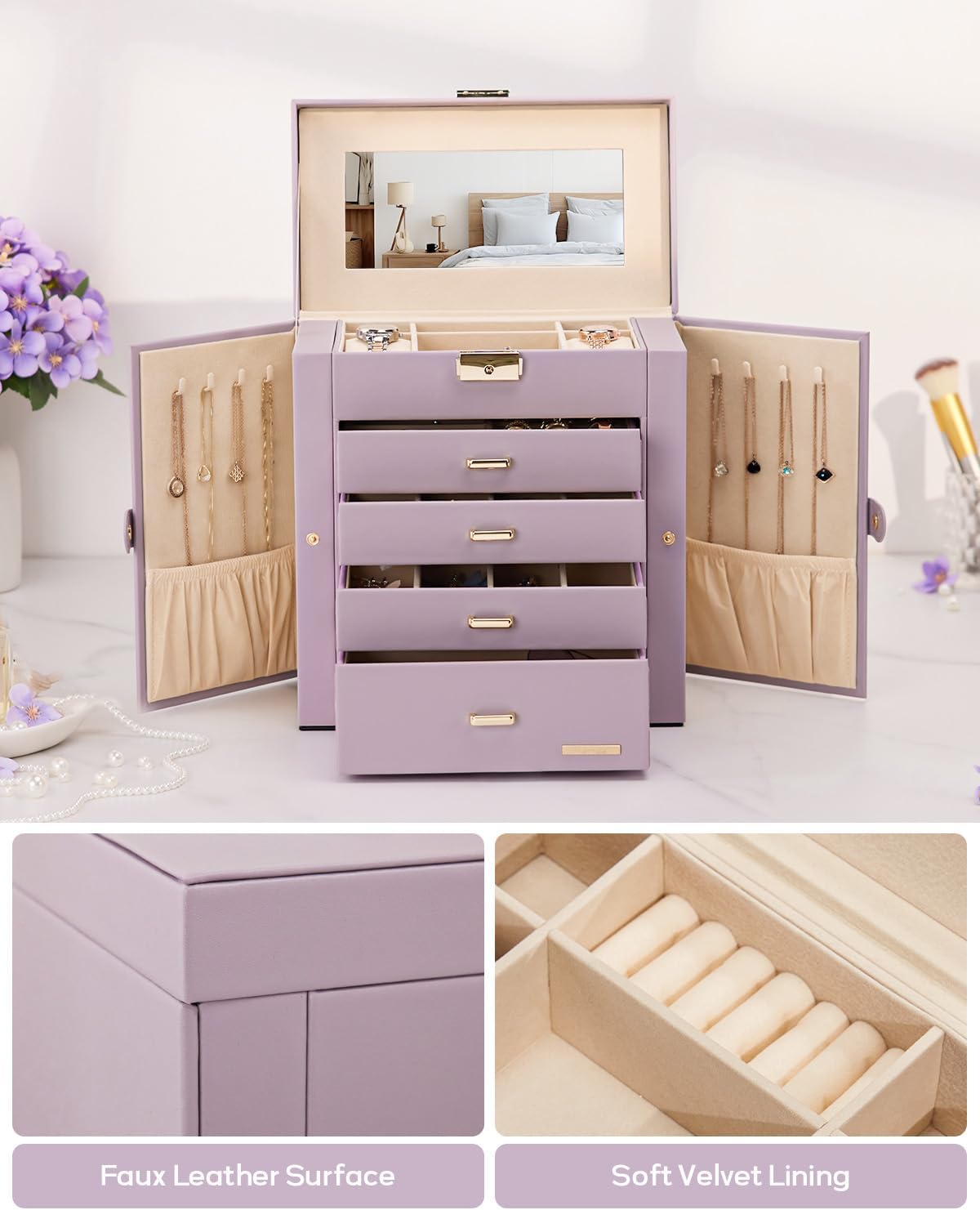Synthetic Leather Huge Jewelry Box Mirrored Watch Organizer Necklace Ring Earring Storage Lockable Gift Case (White + Gold)