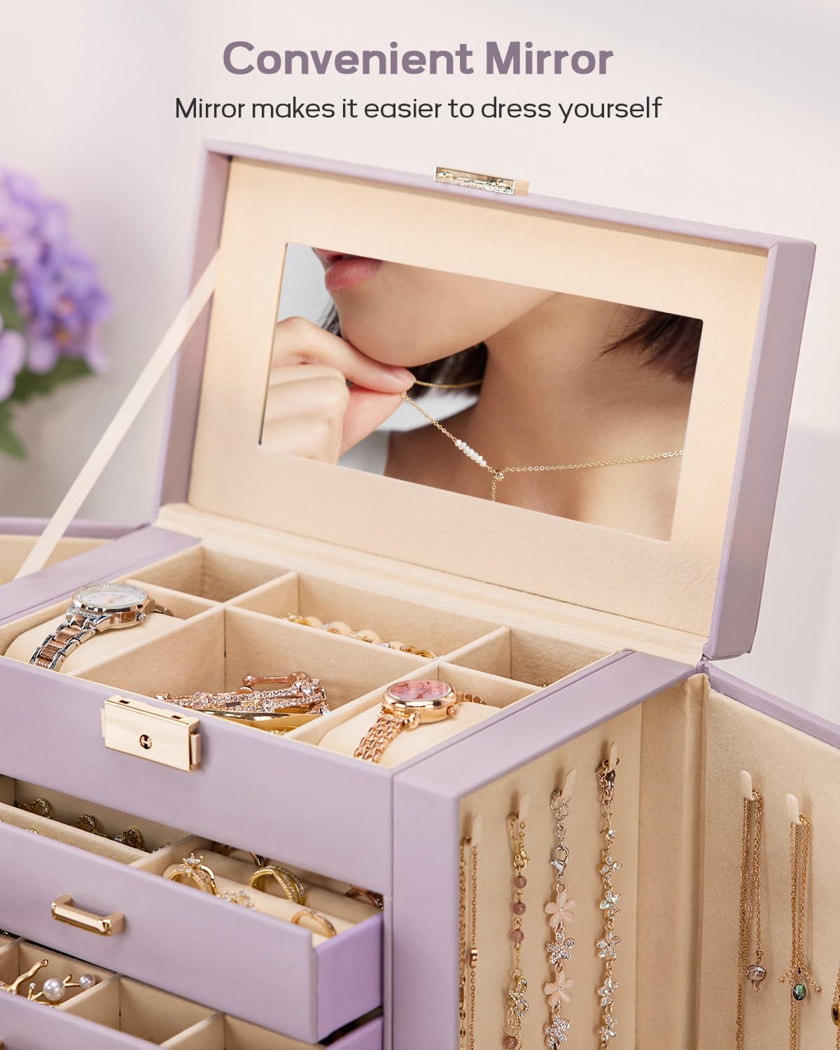 Synthetic Leather Huge Jewelry Box Mirrored Watch Organizer Necklace Ring Earring Storage Lockable Gift Case (White + Gold)
