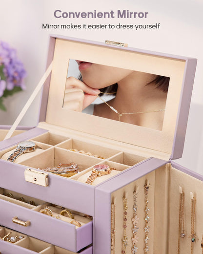 Synthetic Leather Huge Jewelry Box Mirrored Watch Organizer Necklace Ring Earring Storage Lockable Gift Case (White + Gold)