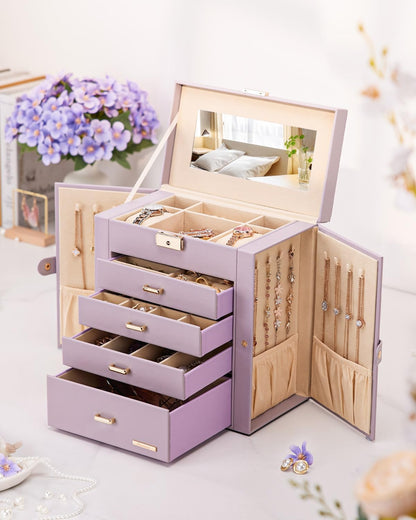Synthetic Leather Huge Jewelry Box Mirrored Watch Organizer Necklace Ring Earring Storage Lockable Gift Case (White + Gold)